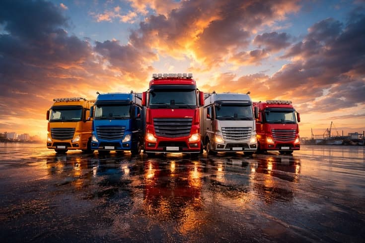 Truck fleet lined up at a freight yard at sunset